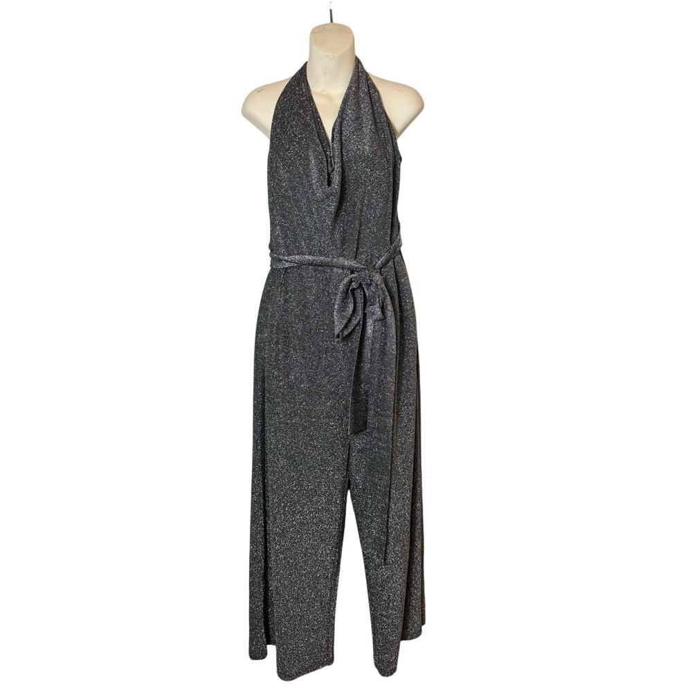 New York & Co NWT XXL Sparkly Silver Halter Cowl Stretch Belted Jumpsuit NYE